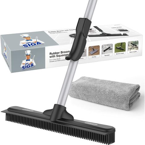 Pet Hair Removal Rubber Broom avec Raclette Intégrée, Brosse de Sol Brosse de Sol 3 en 1 en Caoutchouc pour Tapis, Poignée Réglable 155cm, y/c 1 Chiffon Microfibre pour dépoussiérage du Sol (1/5)