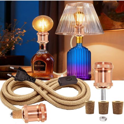 Bottle Lamp Kit, Rosé Copper Bottle Lamp Holder, E26 Lamp Adapter, Hemp Rope 240 cm, E27 Socket with Switch and Cable, 3 Sizes of Caps, No Bulb Shade