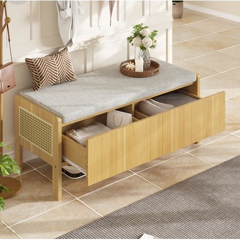 Mobile scarpiera con seduta, 113 x 40 x 45,5 cm, bambù e MDF, naturale/grigio DESVIAE (1/5)