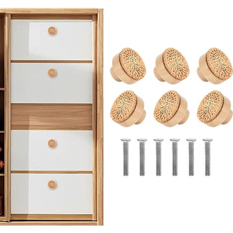 6 boutons de meubles en rotin - Pour tiroirs et tiroirs - Avec vis - Boutons ronds en bois pour commode, meubles, armoire, tiroir - 40 x 30 mm (1/5)