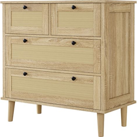 Commode à quatre tiroirs avec façades en rotin, meuble de rangement, pieds en bois massif. (1/5)