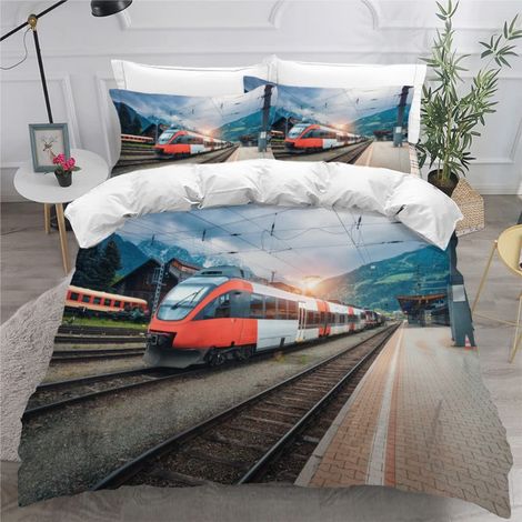Parure de lit 3 pièces pour enfant garçon 135 x 200 cm, motif train électrique, train 3D, avec fermeture éclair, 1 housse de couette et 2 taies d'oreiller (1/5)