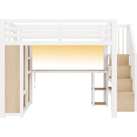 Cama alta de metal 140x200 cm blanca con escritorio, LED, USB, armario y escalera (1/5)