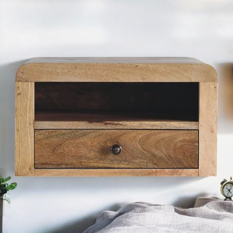 Table de chevet flottante massive en bois massif, 1 tiroir avec 1 étagère ouverte, aspect chêne, Brun