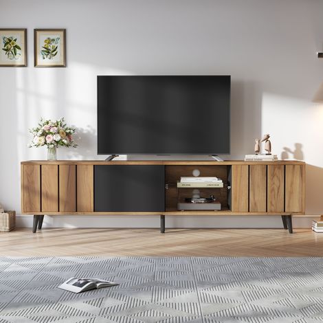 Meuble TV bas 175x31,5x45cm, support télé pour salon, meuble vidéo avec 3 armoires, buffet TV épuré en bois naturel + inserts noirs, compatible écran 75 pouces (1/5)