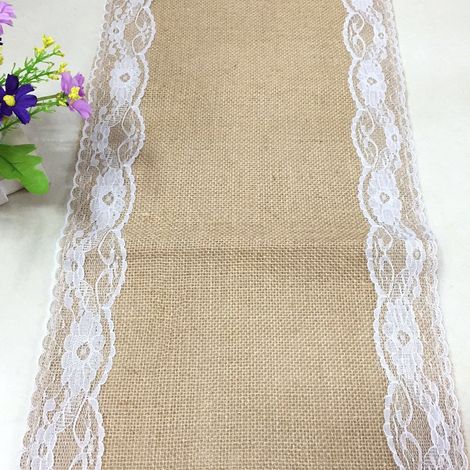 Chemin De Table - Toile De Jute Naturelle Avec Dentelle Blanche - Pour Mariage Fête Annuelle - 30,5 x 274,3 cm