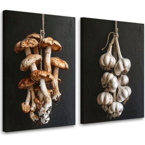 Tableaux sur toile lot Champignons et ail séchés suspendus 2 x 20x30 (1/4)