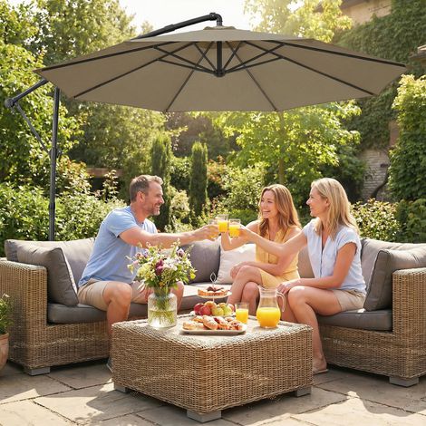 Parasol déporté rond 3m jardin inclinable housse protection polyester protection UV UPF50+, kaki