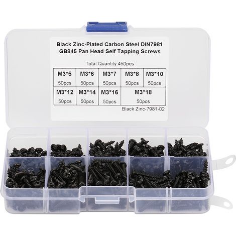 450 Pièces Vis à Tête Fraisée Cruciforme Auto-Taraudeuse M3 Noire - Kit Assortiment (1/5)