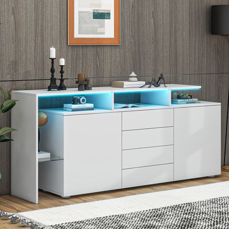 Buffet LED 160x35x70 cm Meuble Sideboard Salon Multifonction avec Éclairage LED, 2 Portes et 4 Tiroirs - Haut Brillant - Blanc