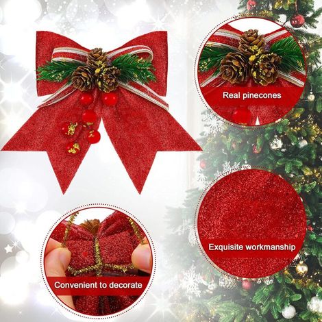 Fiocchi decorativi natalizi rossi glitterati per alberi di Natale, archi, ghirlande e corone (rosso, argento, 17,8 x 17 cm) (1/4)