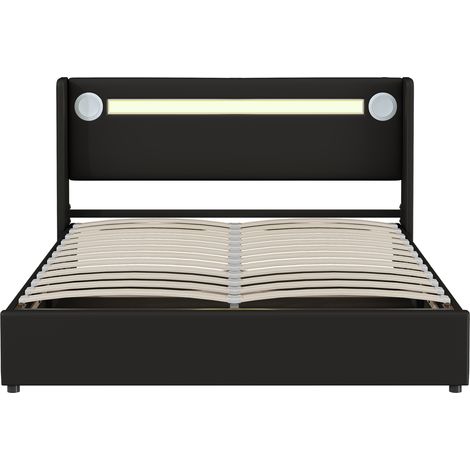 Lit rembourré 160x200 avec bande lumineuse LED, lecteur Bluetooth et charge USB, lit coffre en cuir PU, coffre de lit surélevé, lit double avec sommier à lattes noir (1/5)