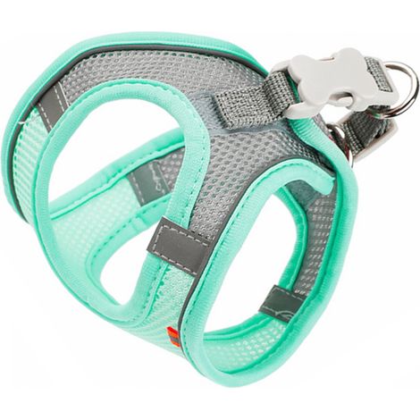 Harnais pour animaux de compagnie avec laisse, bande réfléchissante, fermeture velcro, tissu doux, vert menthe, taille S. Convient aux chats et aux chiens. (1/5)