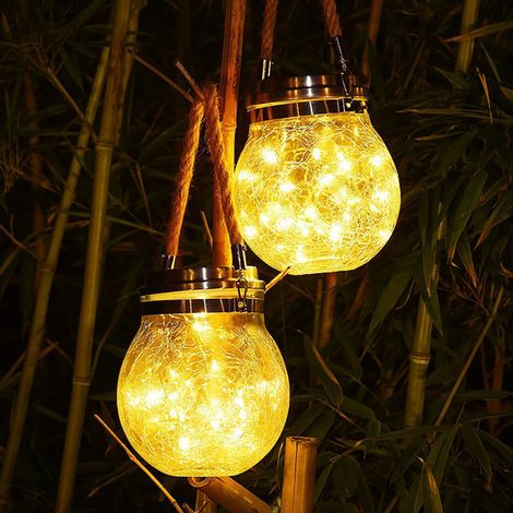 Solarlaterne aus gesprungenem Glas, 30 LEDs, wasserdicht, krugförmige Hängeleuchte für den Außenbereich für Terrasse, Garten, überdachte Festplätze (warmweiß) (1/5)