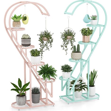 5 Tier Metal Plant Stand Heart-shaped Ladder Plant Shelf w/Hanging Hook (1/5)