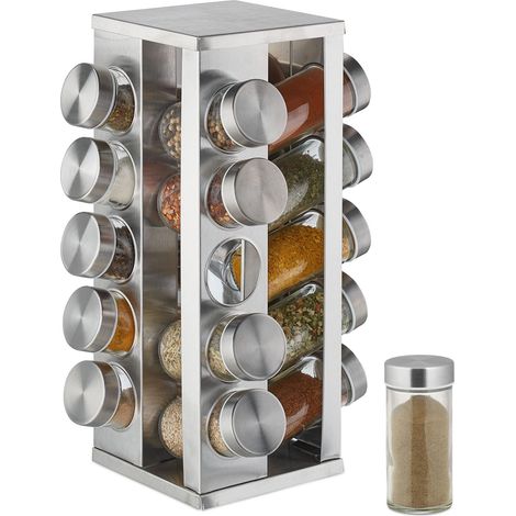 Tourniquet à épices, avec 20 pots, étagère rotative à 360°, inox, verre, H x D 33 x 20 cm, organiseur, argent (1/5)