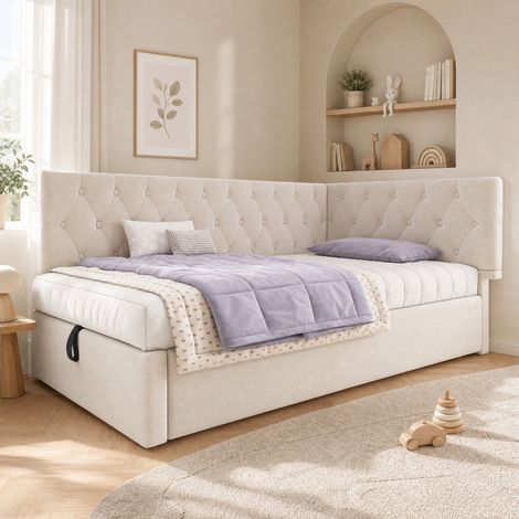 Lit coffre 90x190 beige en velours HAVRYA (1/5)