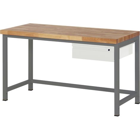 STIER Höhenverstellbare Werkbank Premium, 1 Schublade, 150x70x84-104cm, Stahl und Buche