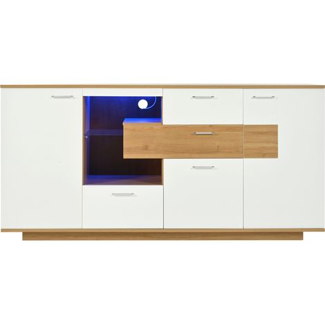 Aparador con LED 160x40x77 cm 2 puertas 4 cajones estante de cristal acabado madera y blanco HOMVRA (1/5)