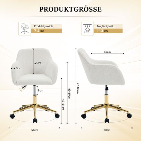 002 - Fauteuil de bureau pivotant moderne en tissu effet peluche, réglable en hauteur, pivotant à 360°, pieds dorés, pour bureau et télétravail, blanc (1/4)