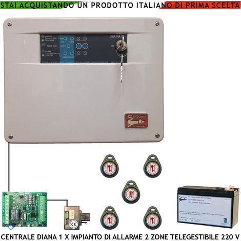 Centrale Antifurto Diana 2 Zone Batteria 12 V 7 Ah 5 Chiavi TAG 2 Meccaniche Impianto Filo. Gestisce Sensori Ingresso Con Comando Remoto di Telegestione Uscita Sirene Combinatore Videocamera Fumogeno (1/4)