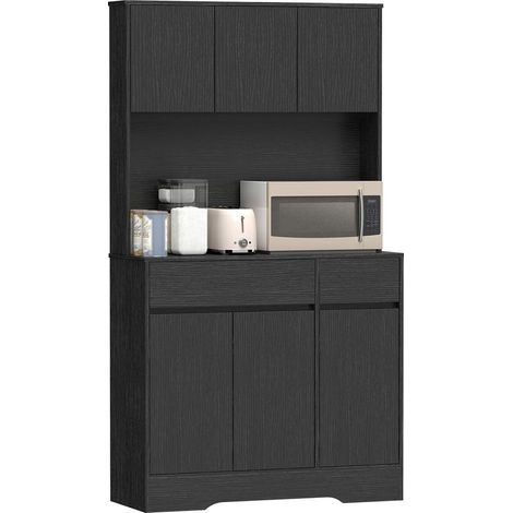 Buffet de cuisine avec plan de travail, 6 portes, armoire haute de rangement avec étagères, noir (1/5)