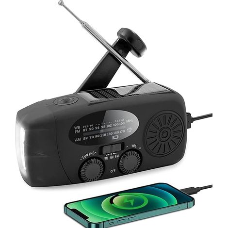 Kit de survie comprenant radio d'urgence, chargeur solaire à manivelle, alarme SOS et lampe torche (1/5)