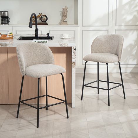 Ensemble de 2 tabourets de bar avec dossier et repose-pieds. Chaises rembourrées avec pieds en acier pour îlot de cuisine. Salle à manger. Gris clair.
