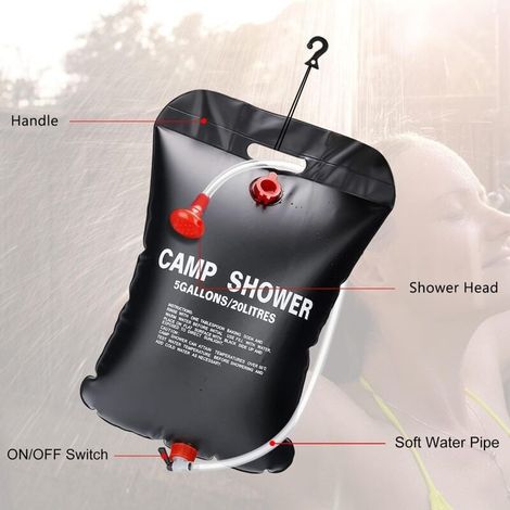 Camping-Solarduschsack, 20 l tragbar, faltbar, mit umschaltbarem Schlauch und Duschkopf, 45 °C Temperatur, zum Wandern, Klettern und Gärtnern (1/4)