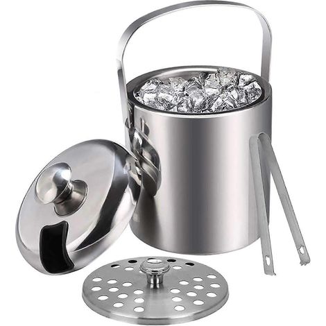 Seau à glace avec couvercle, pince et passoire, 1,3 L, en acier inoxydable, à deux niveaux. (1/5)