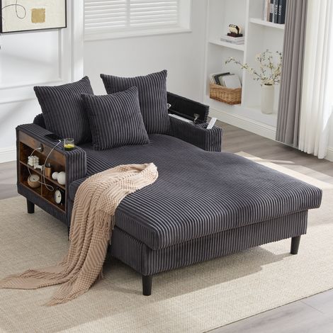 Chaise longue con LED, puerto USB, espacio y portavasos, gris oscuro HAVRYA (1/5)