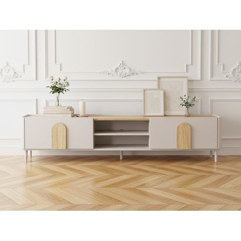 BOBOCHIC - Meuble TV 1 porte 1 tiroir 220 cm ENYRA pieds en bois massif   Beige