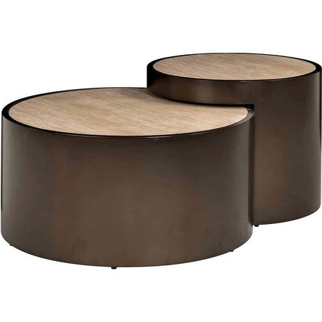 Table basse ronde design beige effet travertin et base bronze - Beige effet travertin et bronze (1/5)