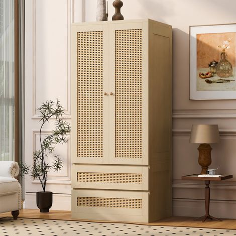 Armoire bois 2 portes avec 2 tiroirs et compartiment de rangement, 70x55x170 cm (1/5)
