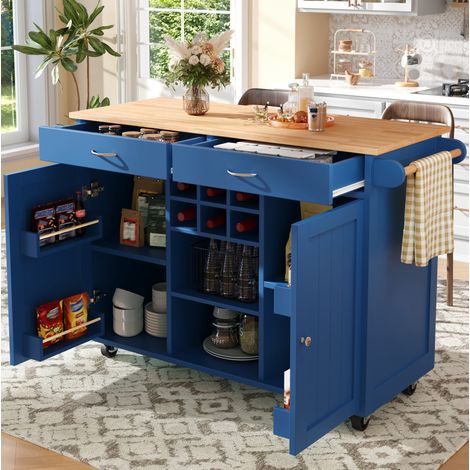 Isla de cocina 102/45/92 cm azul con ruedas y almacenaje (1/5)