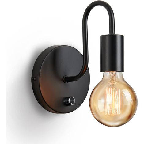 Applique murale à intensité variable avec interrupteur, douille E27, métal noir, lampe de chambre pour salon, garage, couloir (ampoule non incluse)