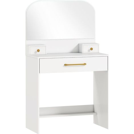 Coiffeuse compacte blanche avec miroir incurvé et 3 tiroirs, 80 x 40 cm (1/5)