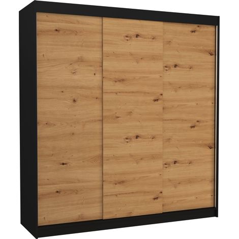 Les Tendances – Armoire chambre adulte 3 portes coulissantes – Noir et bois artisan – L 200 x H 215 x P 58 cm – Penderie et étagères réglables (1/5)
