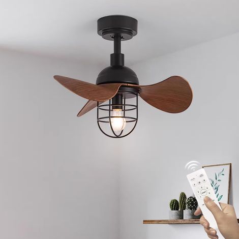 Ventilateur de Plafond Silencieux Avec Lumière et Télécommande, Lampe Plafonnier Grain de Bois 3 Pales, Noir Métal Fer Cage Petit E27 Pour Chambre Salon (1/5)