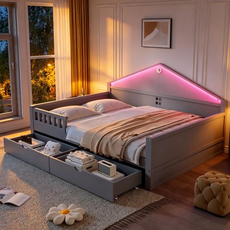 Lit banquette enfant 140x200 cm avec LED,2 tiroirs de rangement,sommier à lattes,style cabane,structure bois gris (1/5)