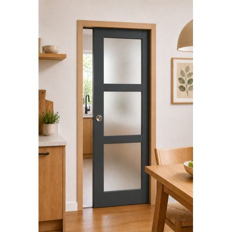 Porte Coulissante Blakeria Gris Anthr Vitrée H204 X L73 Cm, Galandage, Kit Finition (coquille Et Tire Doigt) Gd Menuiseries (1/3)