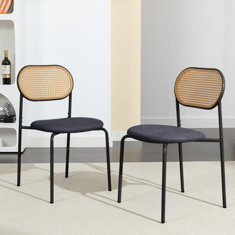 2er Set Esszimmerstühle mit Rattan-Rückenlehne, dicker Sitzfläche, rutschfest, Holzstil - Schwarz