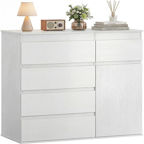 Commode 5 tiroirs blanche, meuble de rangement élégant, buffet salon avec étagère réglable et portes à fermeture douce 100x40x80cm (1/5)