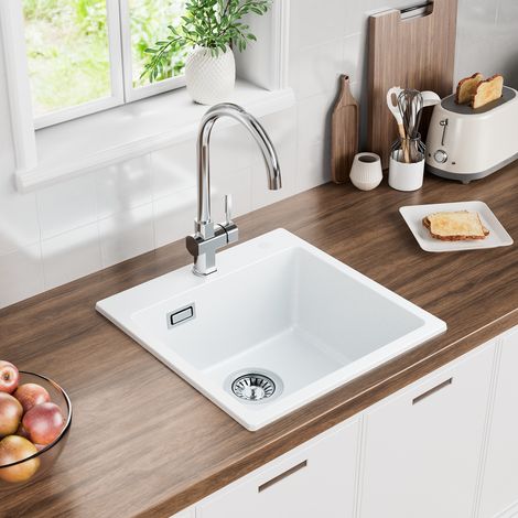Auralum Max Évier en granit 45 x 45 cm, évier en granit blanc, petit évier en granit à encastrer avec siphon et trop-plein (1/5)