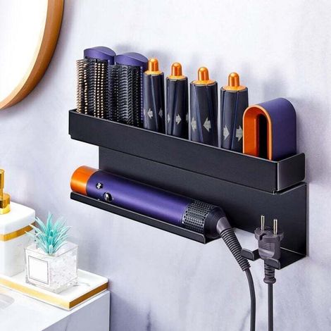 No drilling required. Hair dryer holder suitable for hairdressing tools and accessories ideal for bathrooms and hair salons (black). (1/4)