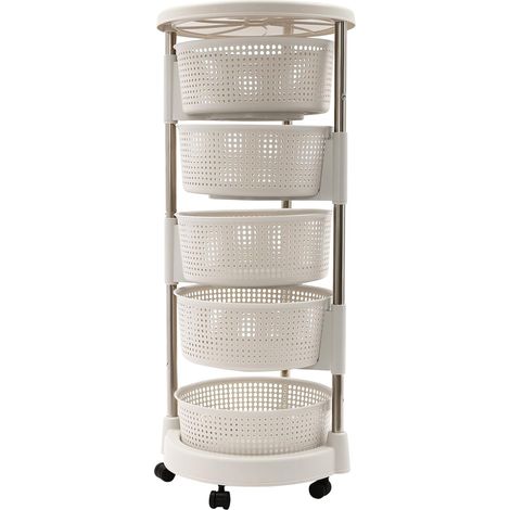 Chariot de rangement de cuisine mobile, étagère de rangement multifonctionnelle, chariot de courses à 5 niveaux + 5 roues universelles, panier grillagé rotatif à 360° (blanc)