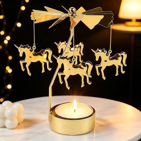 Bougeoir Carrousel Licorne Bougeoir Rotatif Cadeau de Nouvel an Carrousel Noel 8  13 cm Photophore Bougie Doré pour Saint Valentin Noël Mariages Fêtes et la Décoration Intérieure (1/5)