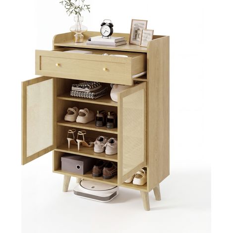 CHICFURN Scarpiera 80x35x105 cm in rattan e legno rovere chiaro, 4 ripiani e cassetto (1/5)