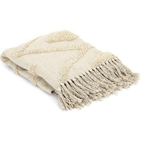 The Home Deco Factory – Plaid ethnique relief losange écru 120x150 cm 100% coton – Douceur et confort pour votre intérieur – Idéal au pied du lit ou sur le canapé (1/4)