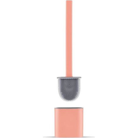 Silicone Toilet Brush Holder, Flat Toilet Brush and Holder, Drip-Free, Antibacterial, Vented Toilet Brush, Quick Drying, Odorless, Wall/Floor Toilet Brush, Bathroom and Toilet (Pink) (1/5)